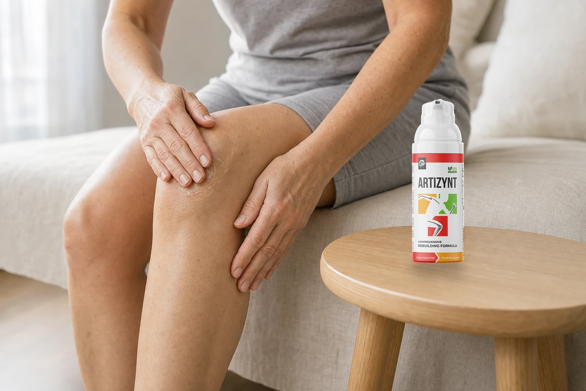 ArtiZynt Gel wird am Knie einmassiert: 50-ml-Spender daneben