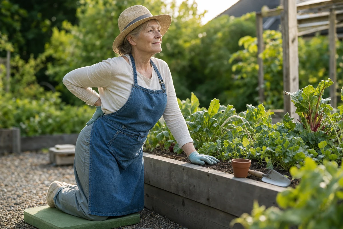 Person richtet sich bei der Gartenarbeit auf und fasst sich in den unteren Rücken